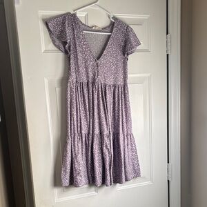 Lilac Tiered Kids' Dress with V-Neck and Flutter Sleeves